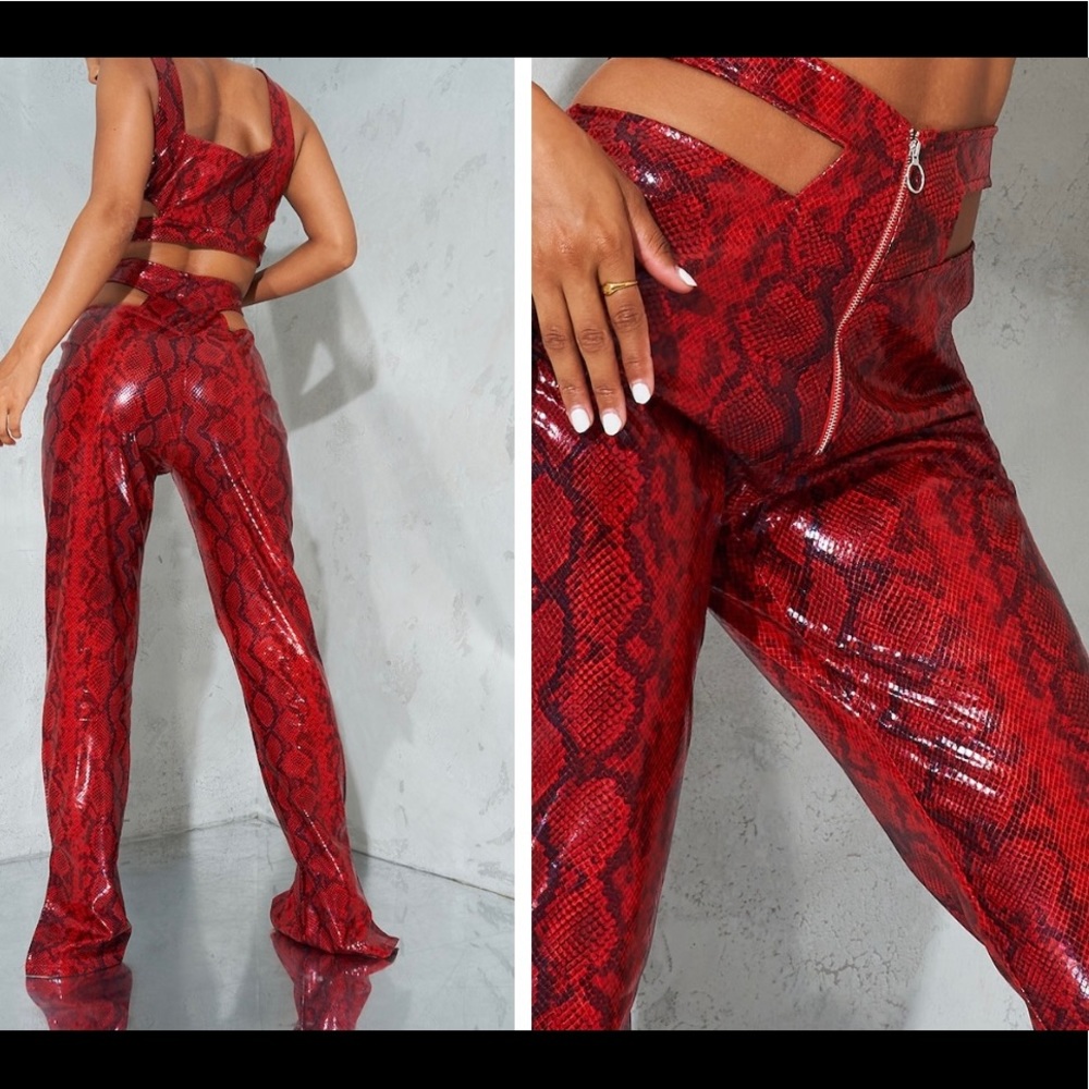 NWT Red Snake Print Faux Leather Zip Front Cut Out Hip Straight Leg Pants